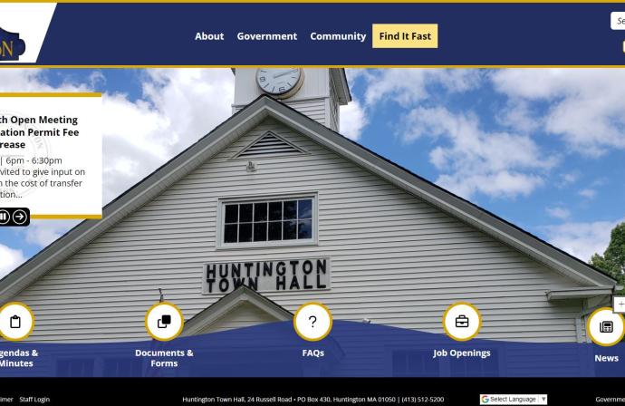 Huntington MA new website in blue and gold color scheme and a picture of Town Hall