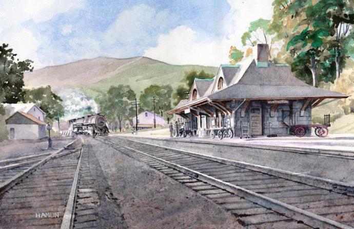 Watercolor Painting of Huntington train tracks and station